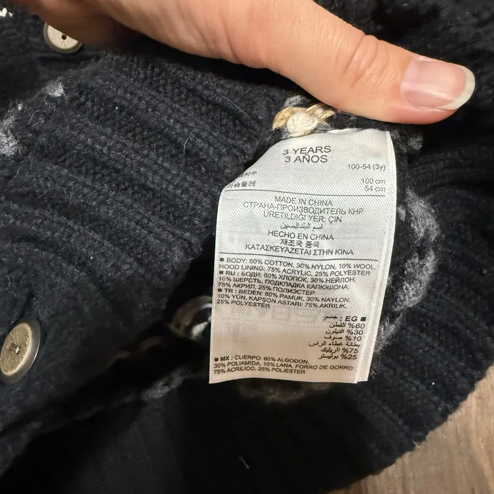 Baby Gap Black Fairisle Cardigan With Fur Lined Hood‎ Size 3T